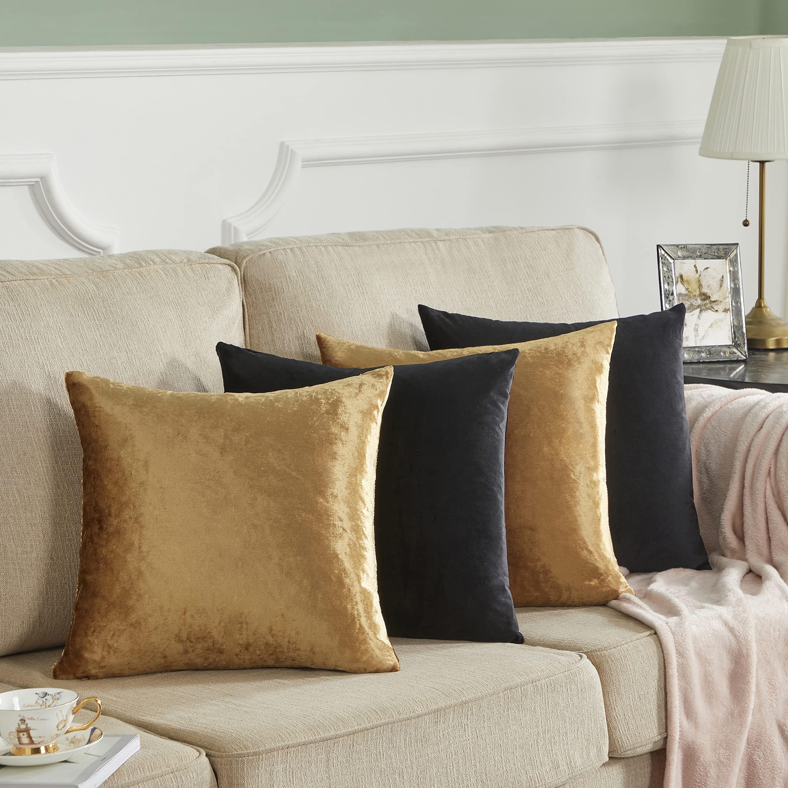 GIGIZAZA Decorative Throw Pillow Covers 18 x 18,Gold Black Soft, Set of 4 Square Velvet Cushion Covers: Black+gold 16" x 16" (Pack of 4)