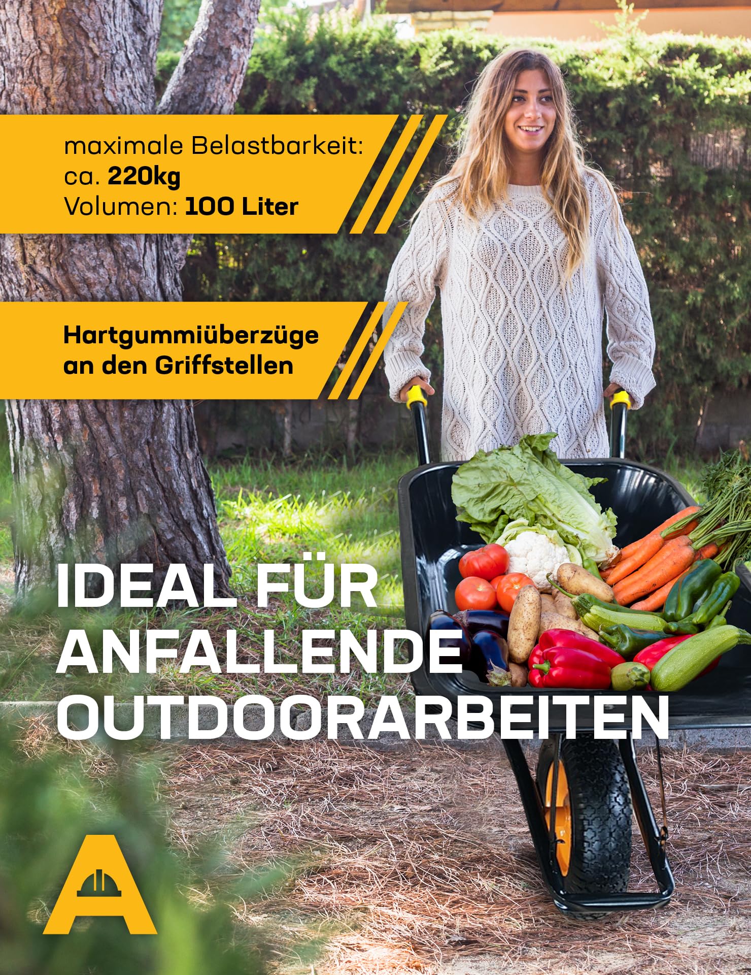 Bob Schubkarre 100L – Robuste Blechwanne, Luftbereifung, 220kg Tragkraft, Ergonomische Griffe für optimalen Halt – Ideal für schwere Outdoorarbeiten (Schwarz)