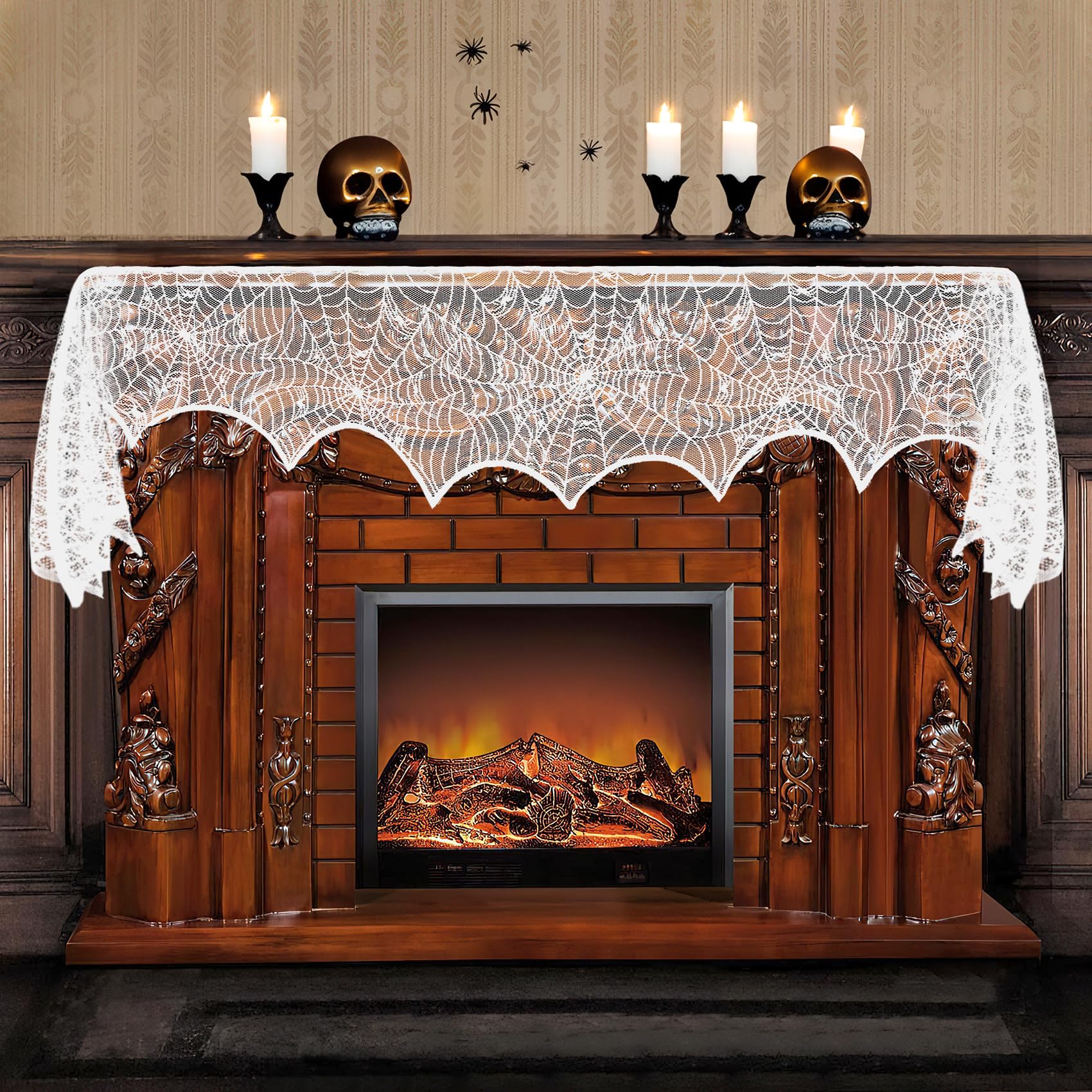 Halloween Decorations Spider Web,Halloween Fireplace Mantel Scarf,Spider Web Fireplace Towel,Lace Spider Web,Haunted House Decoration,Halloween Window Decorations,Halloween Tablecloths 18x98 Inch