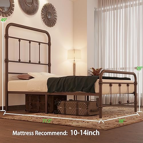 Miniatura 2 de Marco para cama individual, estilo vintage, granja, 49 pulgadas de alto, de hierro, base de colchón con plataforma, no necesita somier (bronce