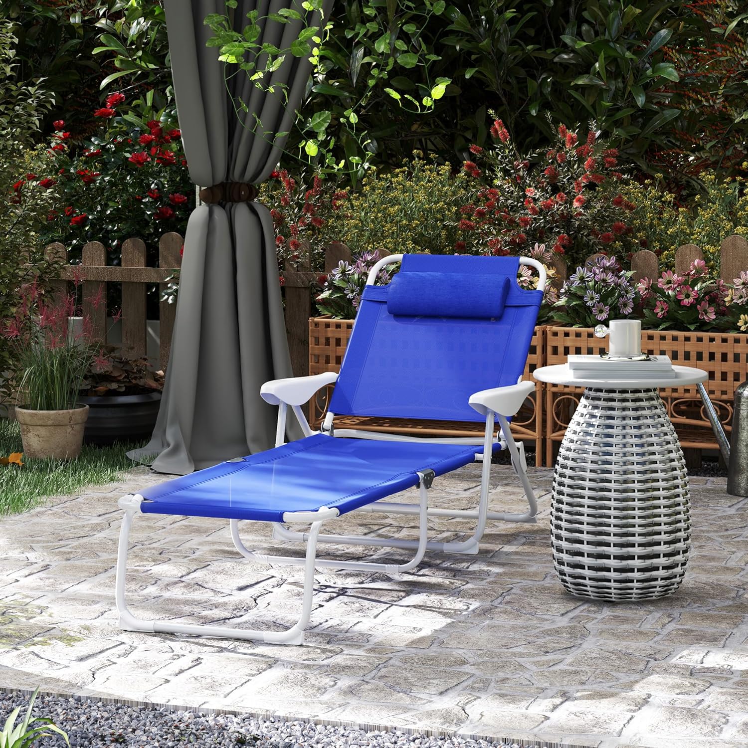 Adjustable Reclining Pool Lounge Chair - 4-Position Foldable Chaise with Removable Pillow & Armrests, 265 lbs Capacity (Blue)