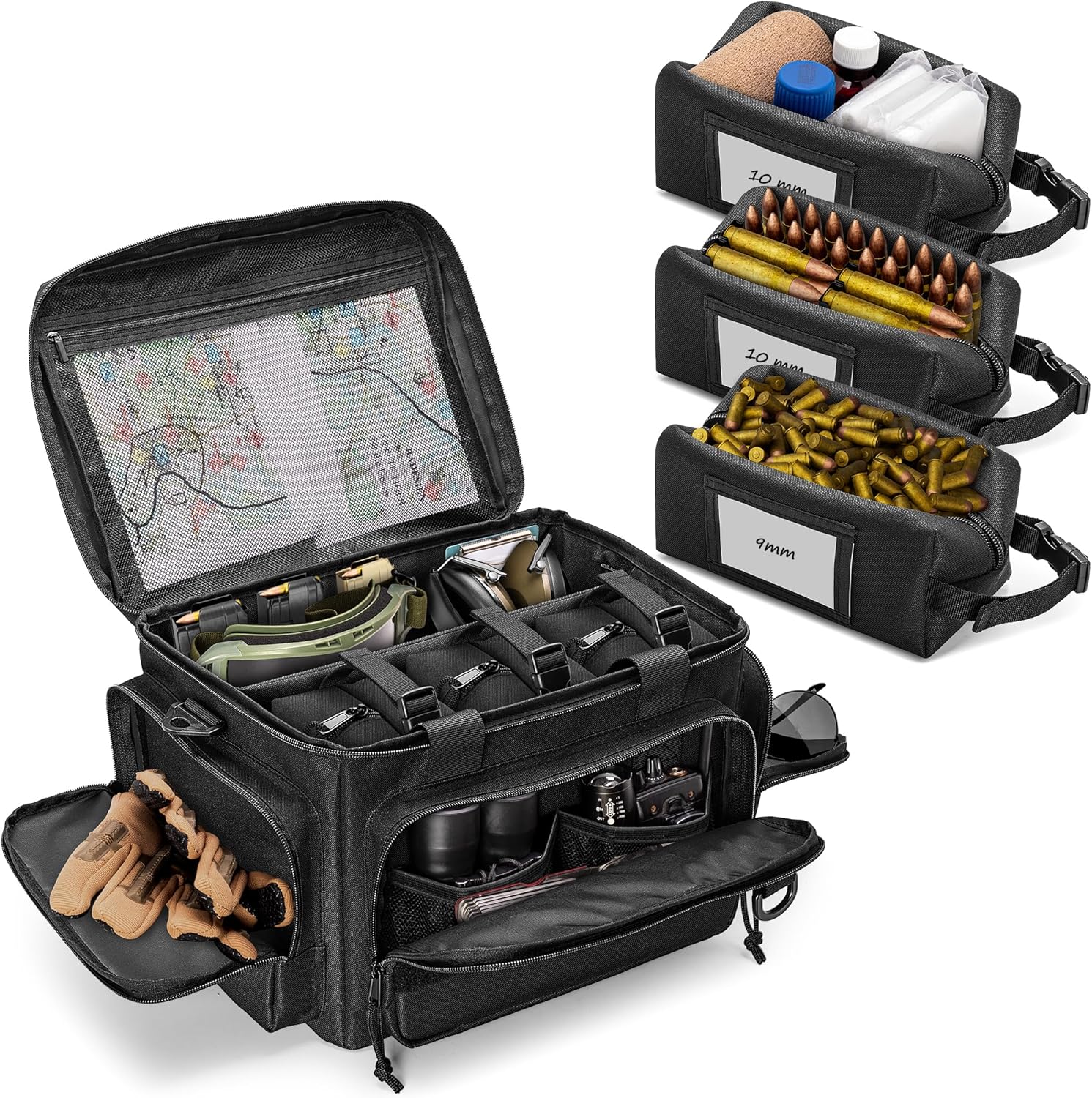 Tactical Ammo Storage Bag with 3 Ammo Pouches, Shooting Range Bag with Detachable Shoulder Strap, Ammo Pouch Carrier with Multiple Pockets for Range Shooting Hunting, Black