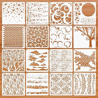 Pack of 16 Stencils for Painting Reusable Landscape Painting Stencils Plastic Drawing Painting Stencils Textile Design Painting Stencils for DIY Scrapbooking Furniture Wall Decoration