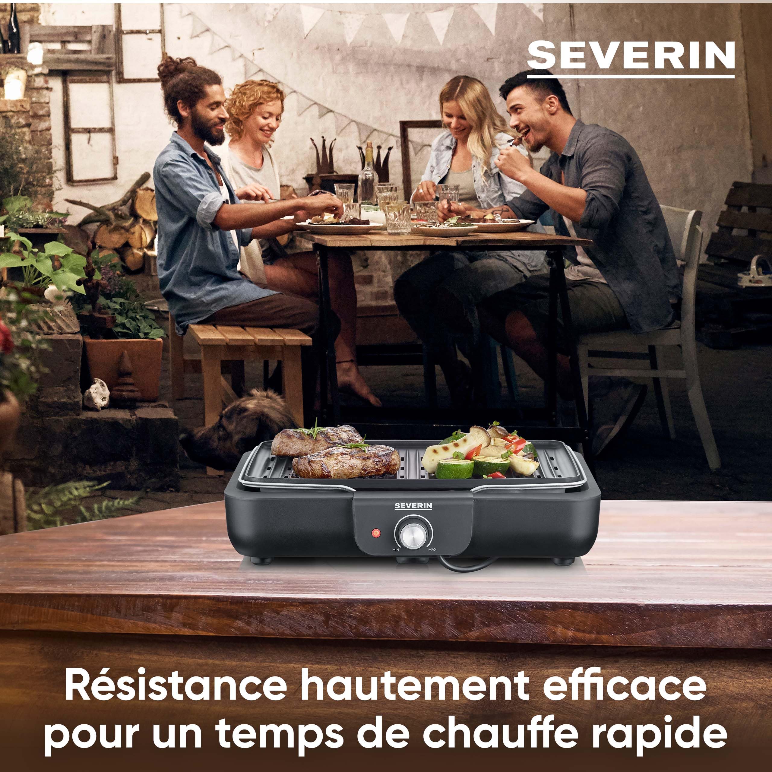 SEVERIN Barbecue électrique 2 200 W avec grille amovible en fonte d'aluminium, Barbecue de table avec bouton rotatif, eBBQ avec bac à eau pour utilisation en intérieur et extérieur, Noir, PG 8556