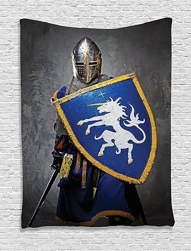 Ambesonne Tapiz medieval, caballero medieval sosteniendo un viejo escudo antiguo, impresión digital, colgante de pared para dormitorio, sala de