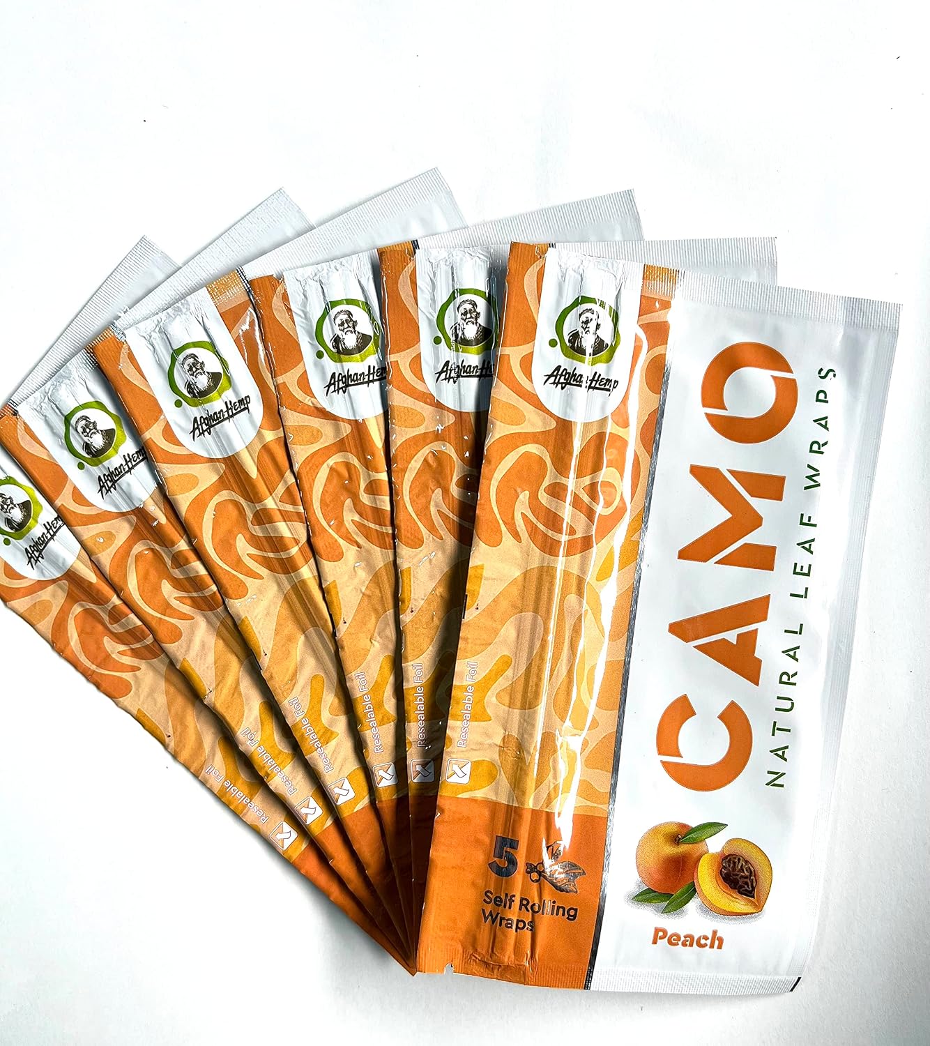 6 Packs CAMO Natural Leaf Wraps Peach 30 Sheets with an Official Camo Cones Sticker