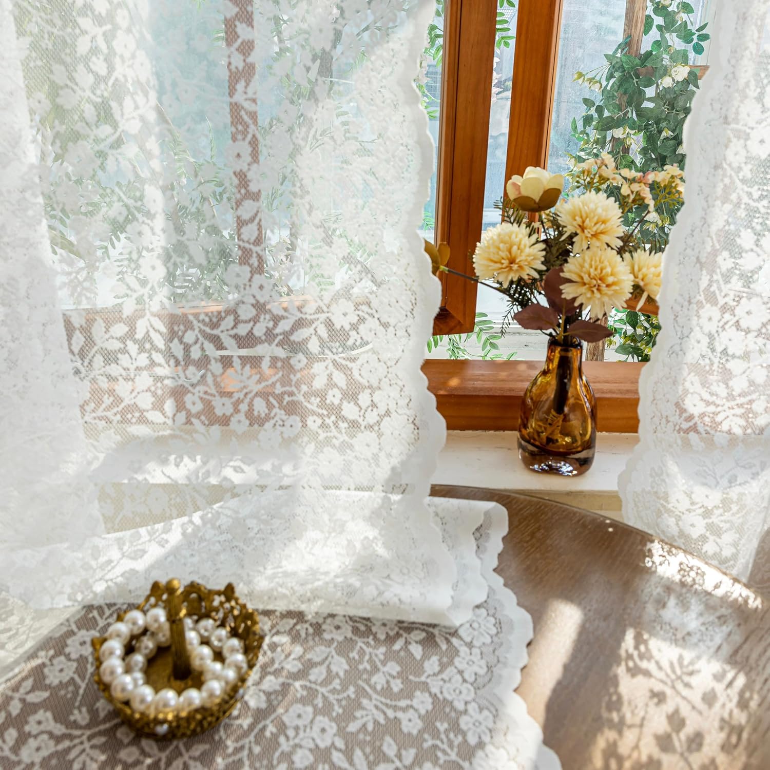 Semi Sheer Lace Curtains for Living Room, Vintage Floral Scalloped Edges Window Drapes with Rod Pocket, Light Filtering Sheer Curtains 2 Panels, 52x63 Inch, Ivory