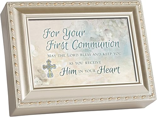 Primera Comunión Cottage Garden champaña acabado plata con ribete de color Dorado cepillado joyería caja de músicareproduce canción Amazing Grace