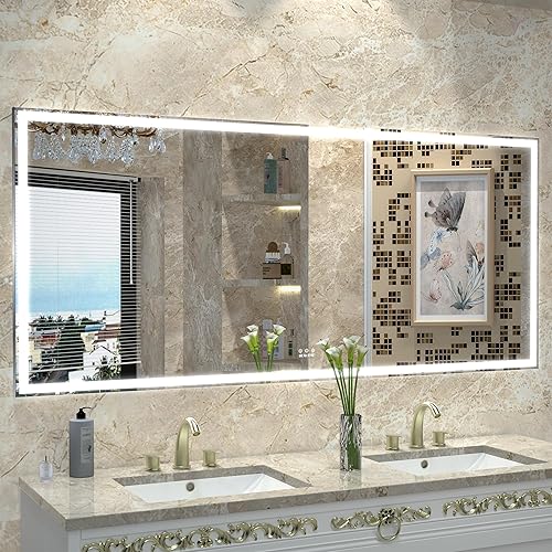 BEAUTME Espejo de baño LED de 72 x 32 pulgadas, espejo de tocador con tira de luz, modo de luz de 3 colores y función de memoria, espejo de