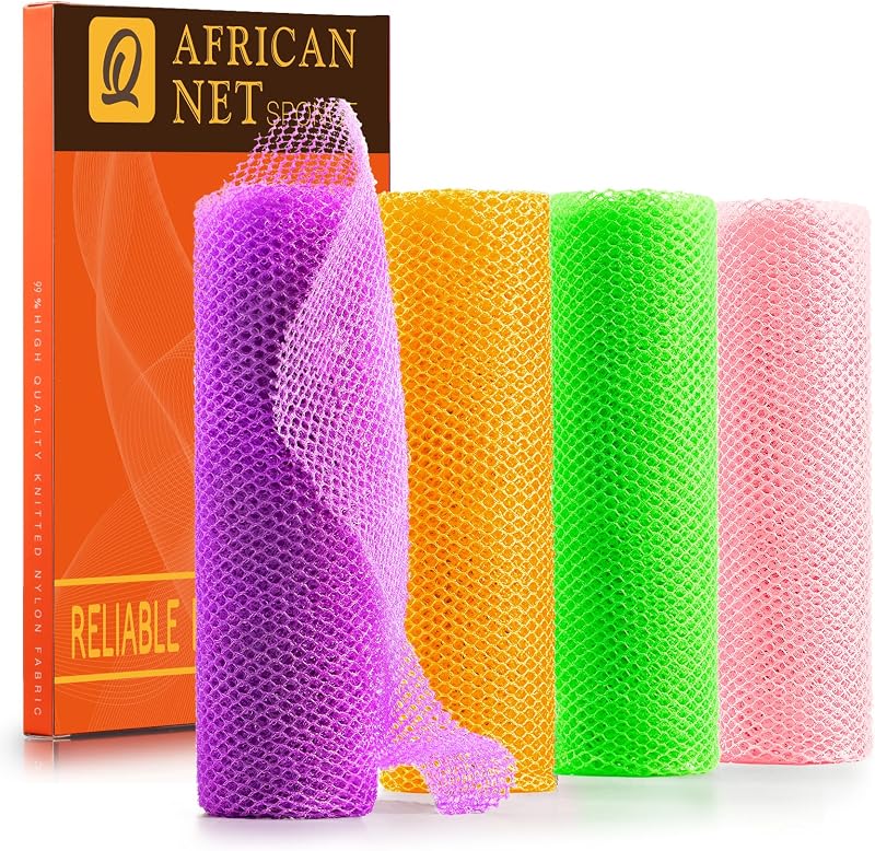 UJFQBH Esponja de banho tipo rede africana, 4 unidades, 30 cm x 80 cm, roxo, laranja, verde e rosa