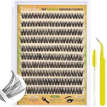 Yaiseiko Self Adhesive Cluster Lashes Wispy Natural Eyelash Extensions Kit with Tweezers No Glue Needed Individual Lashes 10-16MM C Curl Pre Glued Reusable Lash ClustersClear Band