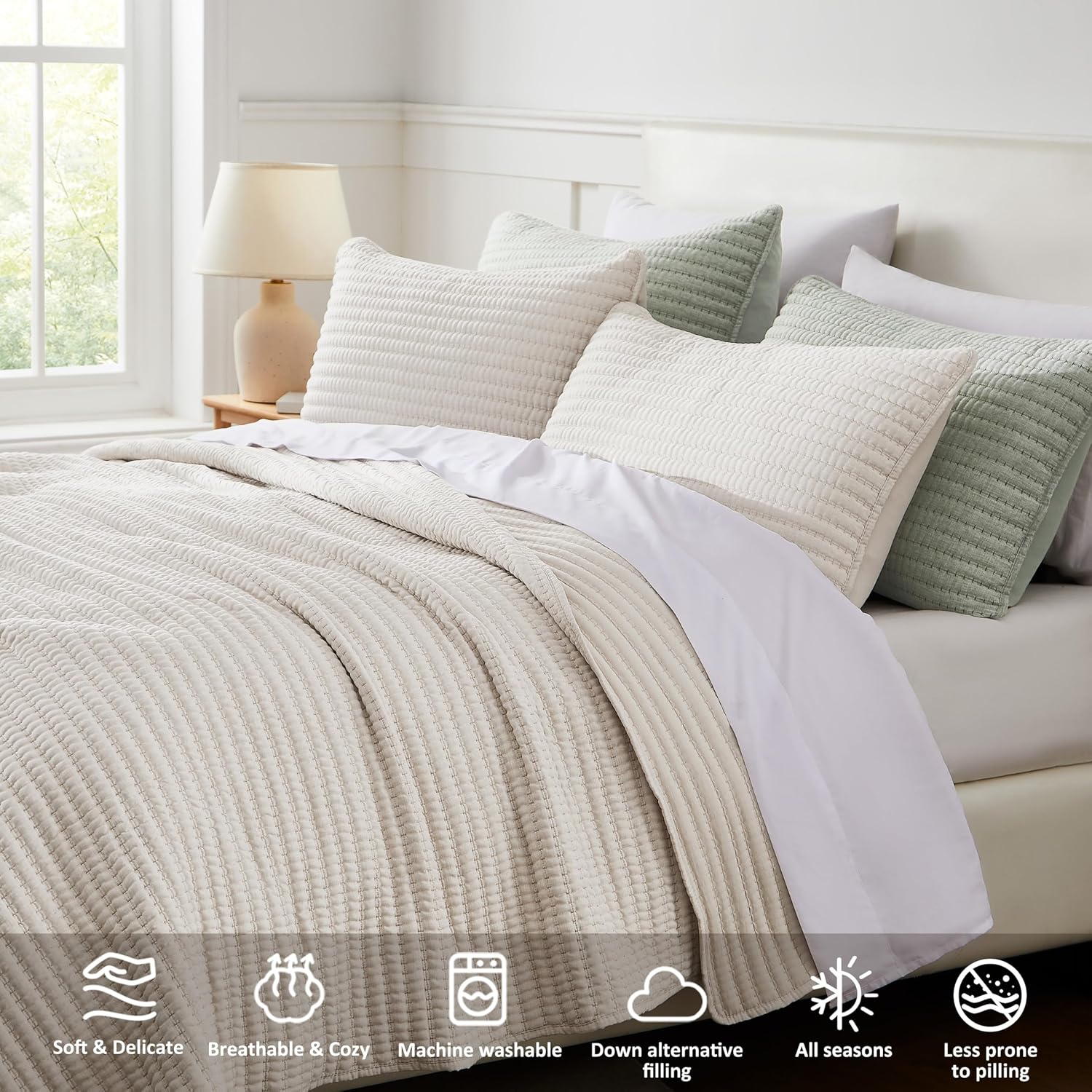 Condition photo showing As Is for wdcozy beige pick stitch twin size quilt set, striped lightweight soft summer spring bedspread, bamboo linen like textured coverlet, chambray farmhouse country rustic bedding, netural thin comforter beige twin