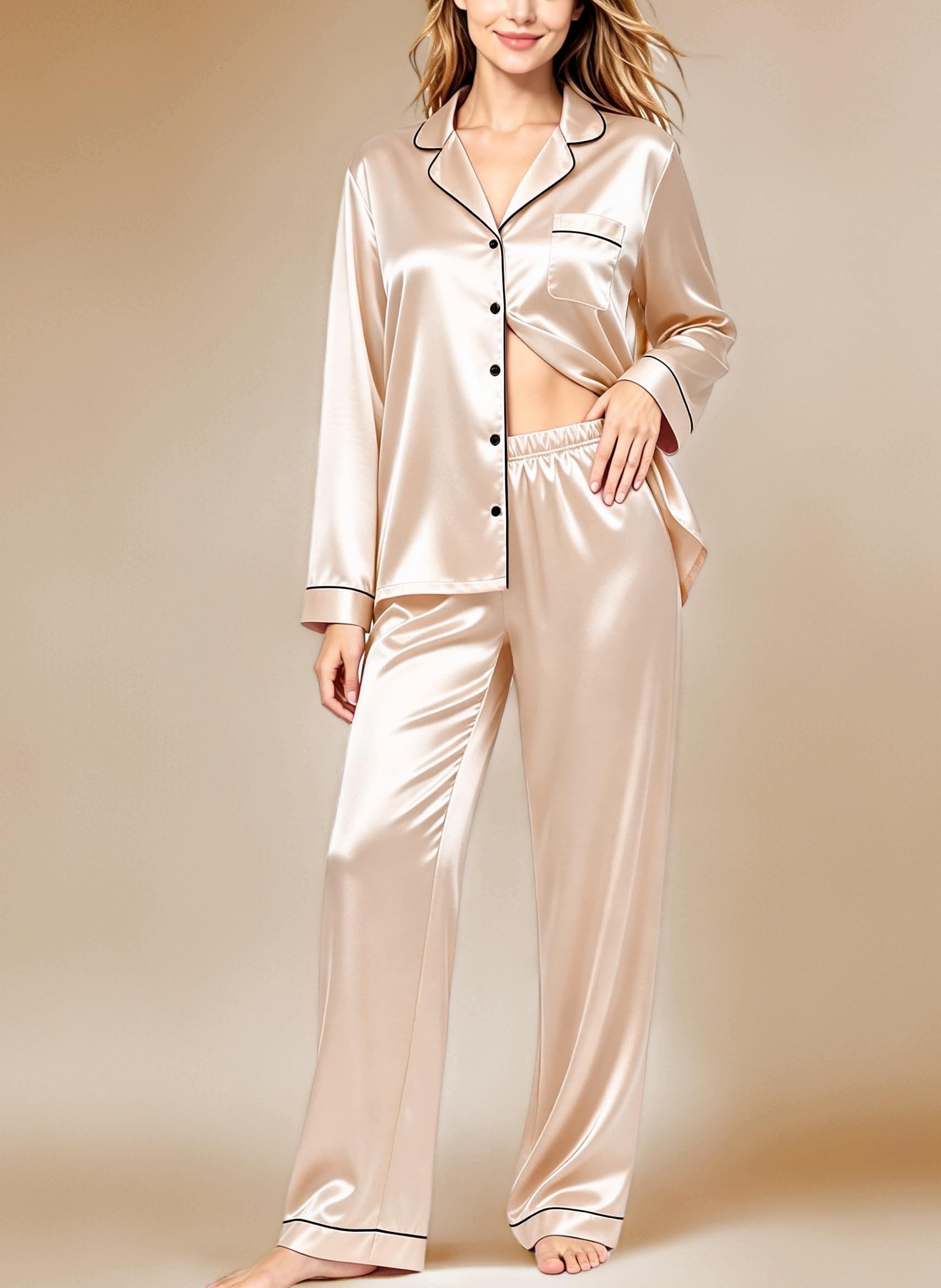 Women's Pyjama Set Silk Satin Long Sleeve Button Down Pyjamas Two Piece Comfy Sleepwear and Loungewear Set