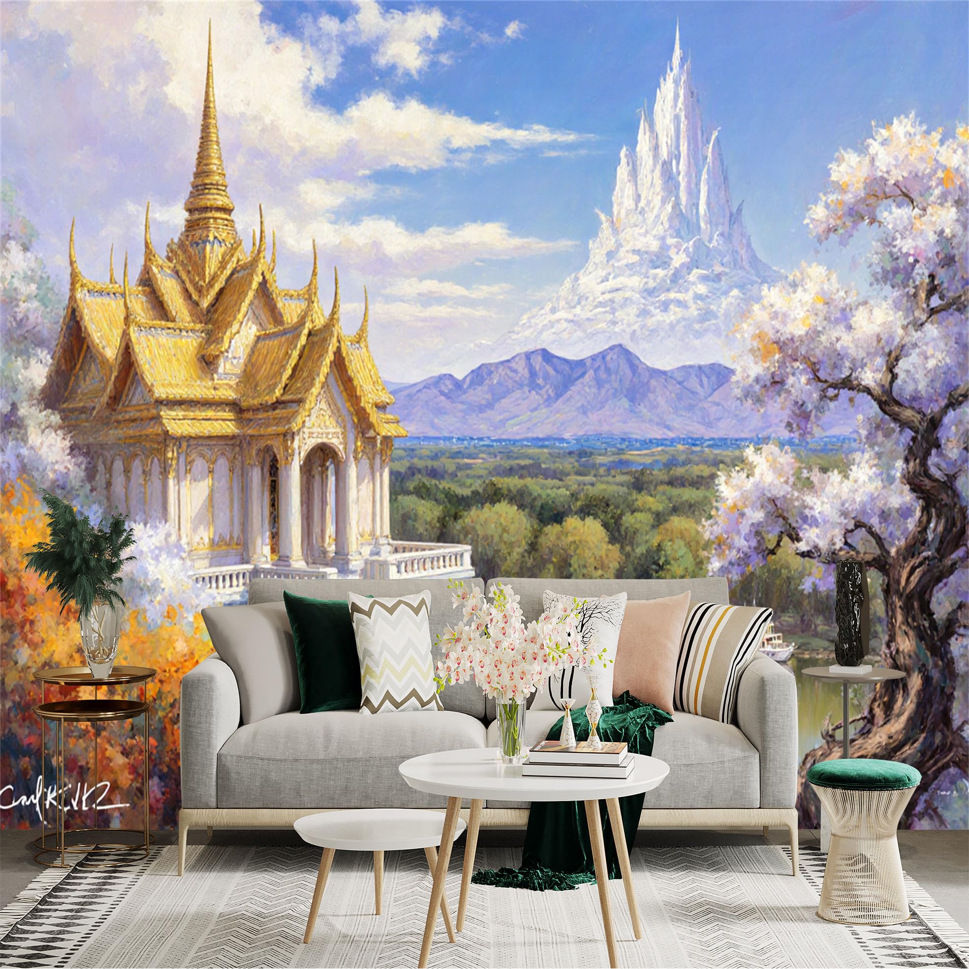 Custom Size Wall Sticker Mural， Golden Temple by Lake with Blossoming Trees and Distant Mountains， for wall Decoration， peelandstick wall Decals.
