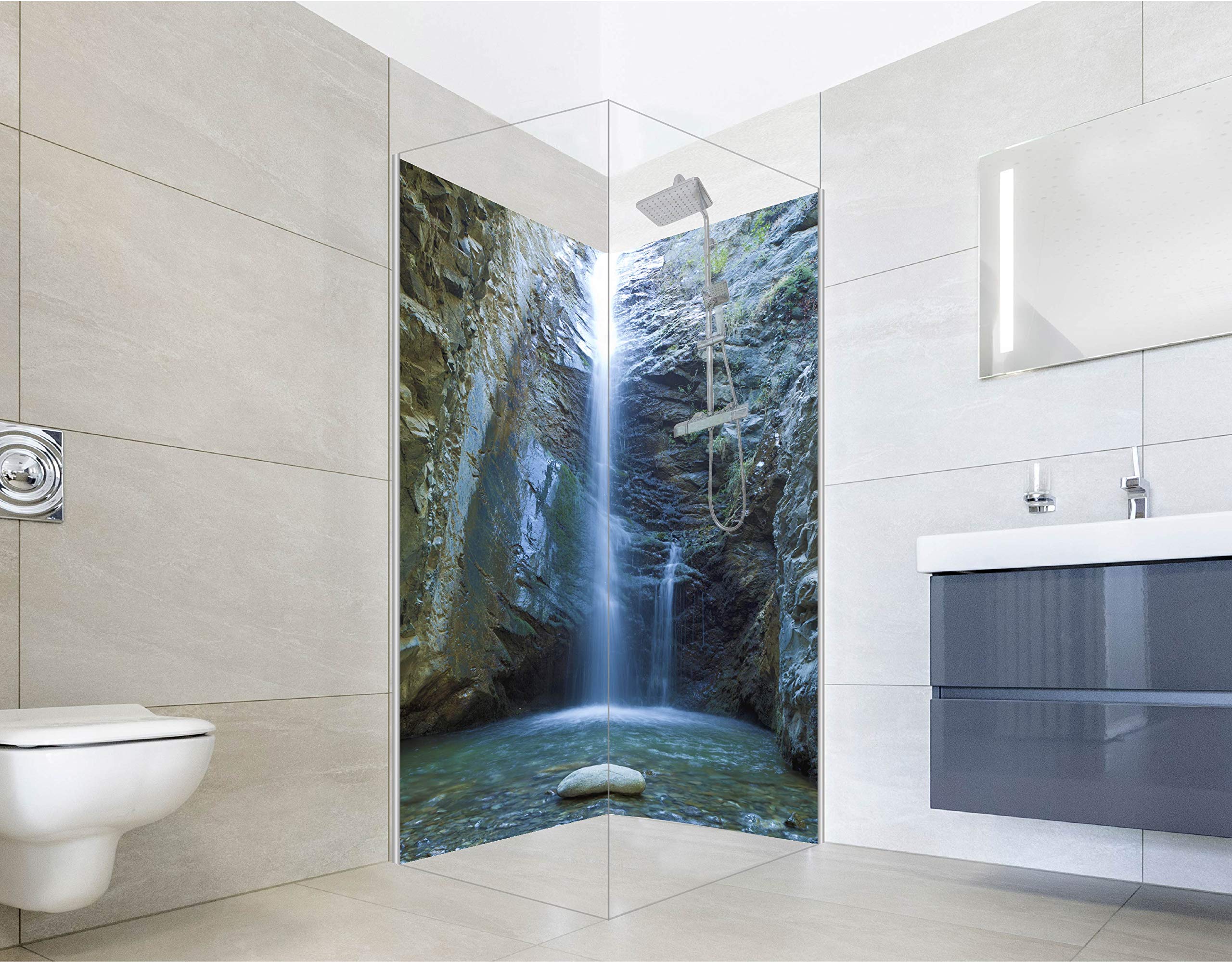 Duschrückwand Fliesenersatz Dusche 90x200 cm Motiv Wasserfall Chantara | Duschwand ohne Bohren 2 teilig | Wandverkleidung Bad Aluverbundplatte 3 mm