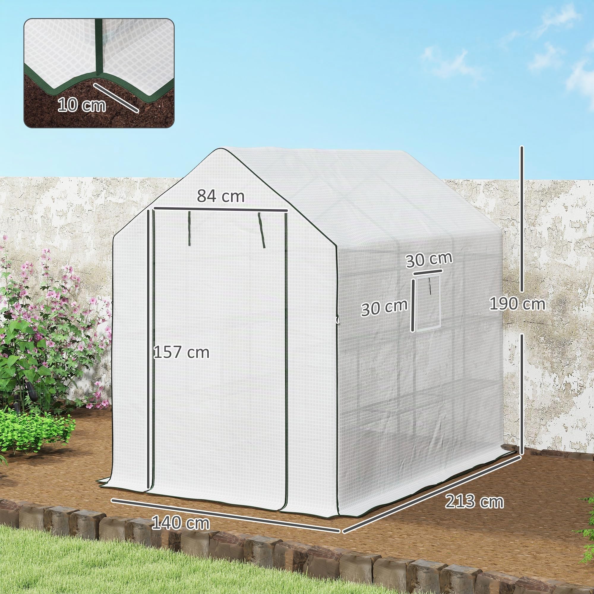 Outsunny Invernadero de Jardín de 3 Niveles Exterior 140x213x190 cm Blanco | 12 Estantes, Puerta Enrollable, Ventanas, Anti-UV, Cubierta PE 135g/m², Cultivos, Plantas, Flores