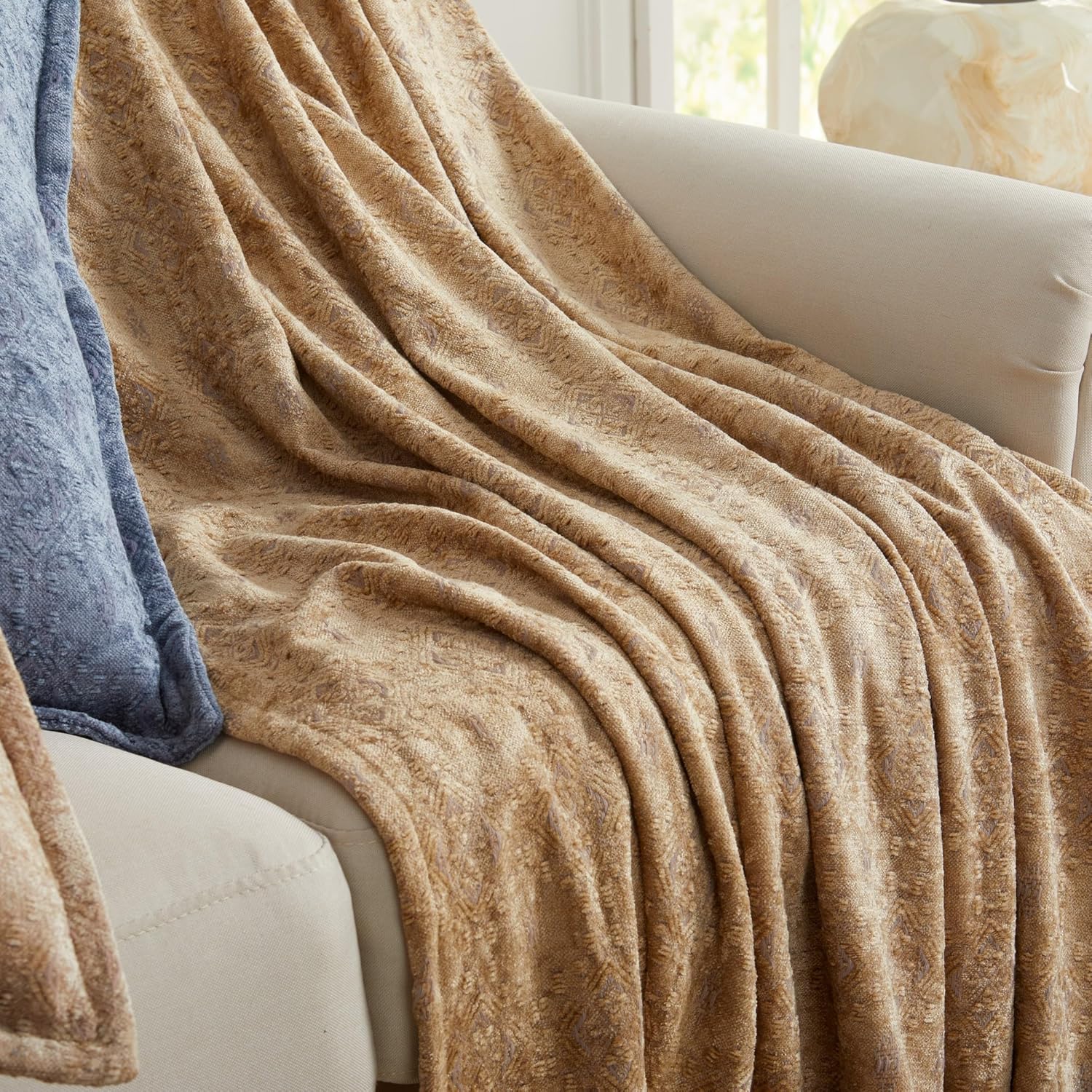 Chenille Jacquard Throw Blanket | Textured Boho Throw for Sofa, Couch, Bed | Soft Decorative Throw for All Seasons | Charlotte Collection (50" x 60", Beige)
