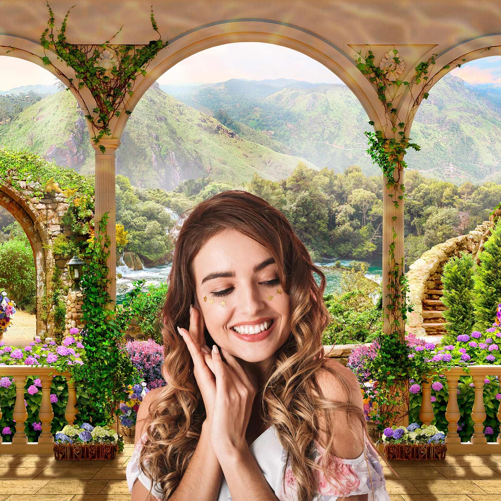 AOFOTO 6X4ft Garden Terrace Backdrop Beautiful Gallery Scenery Photography Background Kid Girl Artistic Portrait Seascape Romantic Retro Photo Shoot Studio Props Video Drop Vinyl Decor Wallpaper Drape - View #2