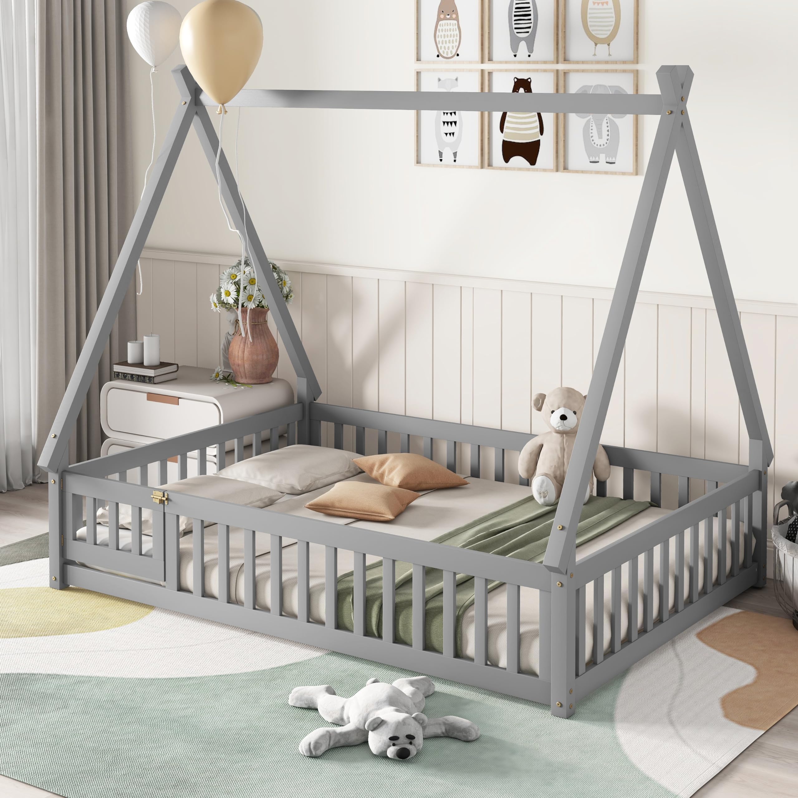 Tent Floor Bed for Kids Full Size Montessori Floor Bed with Slats and Guardrails Wood Teepee Bed Frame with Fence and Door for Boys Girls, Grey