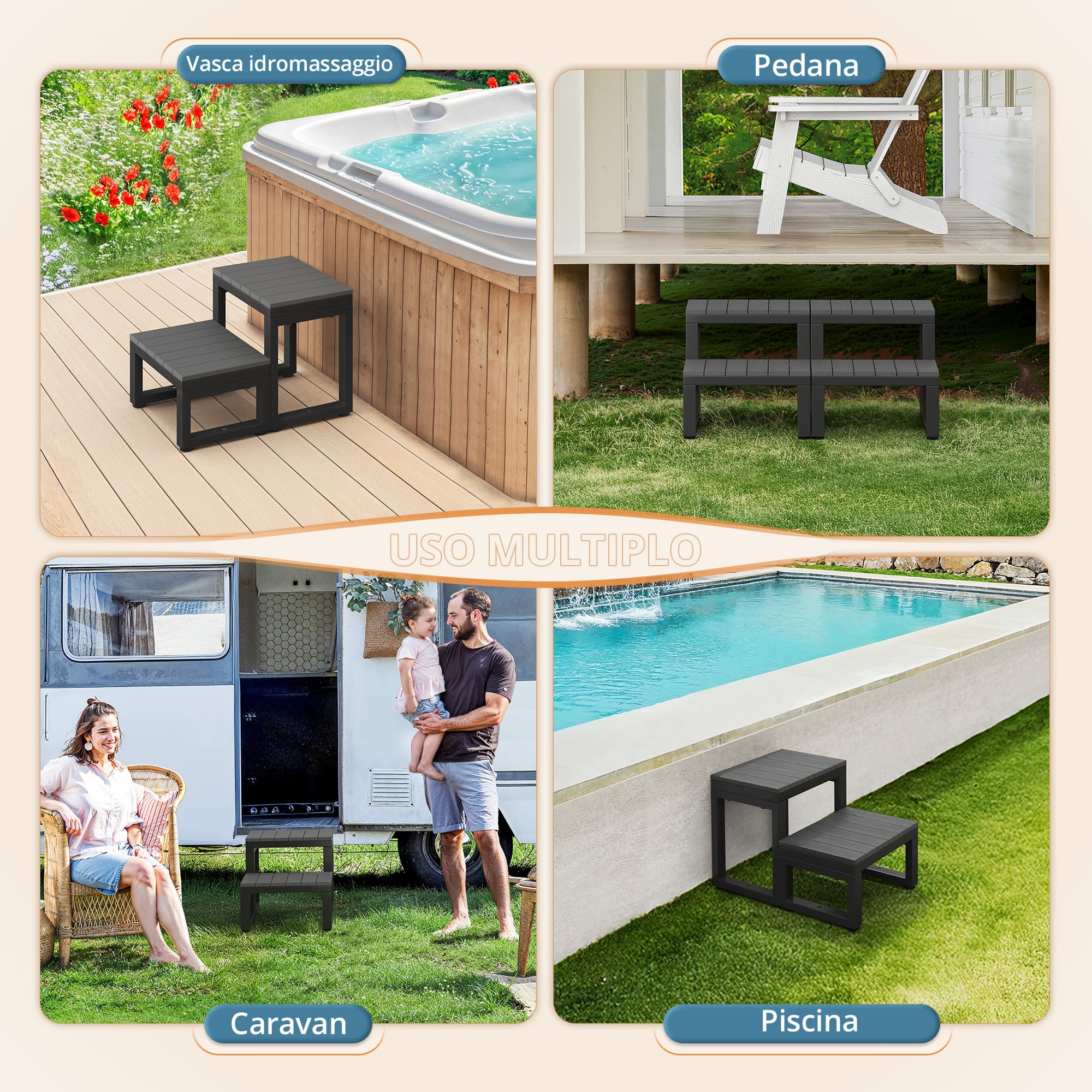 LUE BONA 2 livelli di idromassaggio antiscivolo con gradini HDPS e telaio in alluminio, per vasca idromassaggio, piscina e terrazza, 40 x 53 x 38 cm, grigio scuro