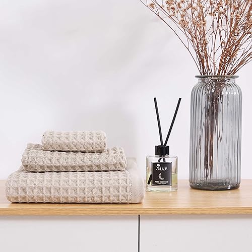 Miniatura 5 de Juego de 3 toallas de baño de punto gofre, juego de toallas 100% algodón (1 toalla de baño, 1 toalla de mano, 1 toallita) Toalla de mano de baño