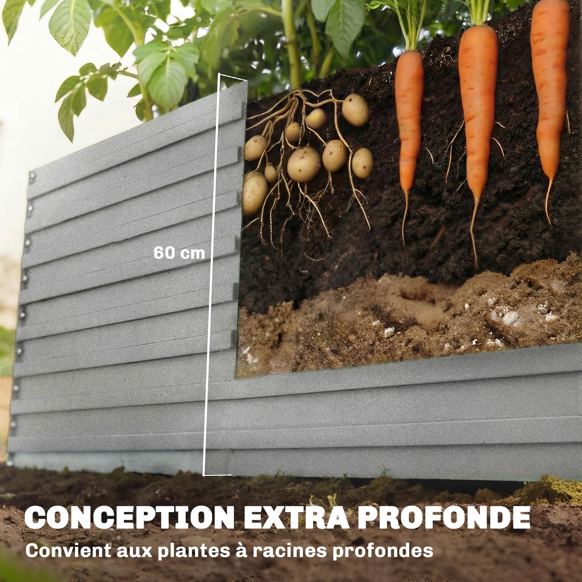 Outsunny Jardinière extérieure, jardinière surélevée galvanisée, carré Potager de Jardin rectangulaire avec Bordure de sécurité et Fond Ouvert, pour Fleurs et légumes, 240 x 120 x 60 cm, Gris argenté
