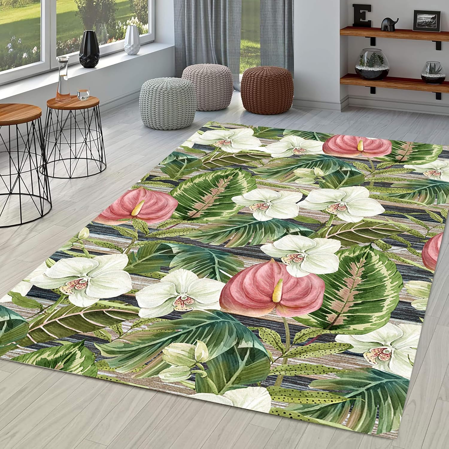 Tropical Floral Area Rug, 3x5ft Vibrant Flower and Leaf Pattern, Non-Slip Washable Soft Low Pile Carpet for Living Room Bedroom Hallway.Durable Home Decoration Rugs