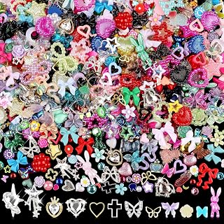 3D Flower Nail Charms Set,150pcs Mixed Size Camellia Rose Resin Charms,150pcs Mixed Size and Color Leaves,100pcs Round White Pearl Beads for Nail Accessories Nail Art (32-Metal-Colorful)