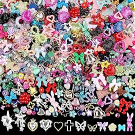 Sinyanail 3D Flower Nail Charms Set,150pcs Mixed Size Camellia Rose Resin Charms,150pcs Mixed Size and Color Leaves,100pcs Round White Pearl Beads for Nail Accessories Nail Art (32-Metal-Colorful)