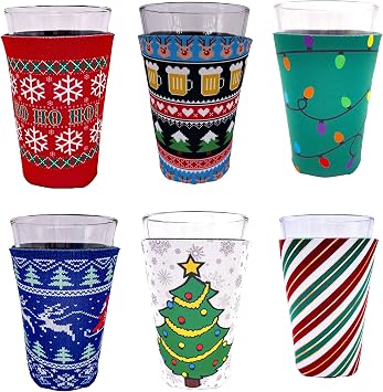 Christmas Holiday Pattern Pint Glass Coolie Variety 6 Party Pack