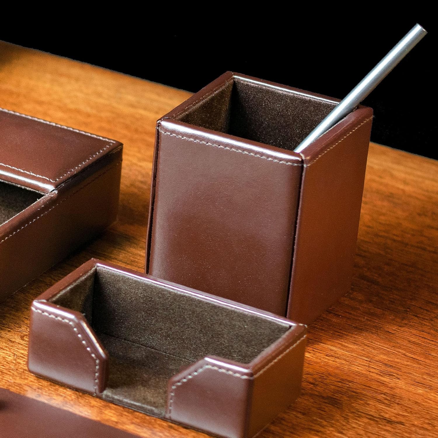 Dacasso Dark Brown Bonded Leather Pencil Cup Holder - Luxury Executive Decor and Office Accessory Desk Surface Protector