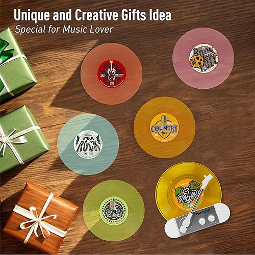 Miniatura 7 de Divertidos posavasos retro para discos de vinilo, juego de 6 posavasos creativos con soporte para tocadiscos de vinilo para amantes de la música,