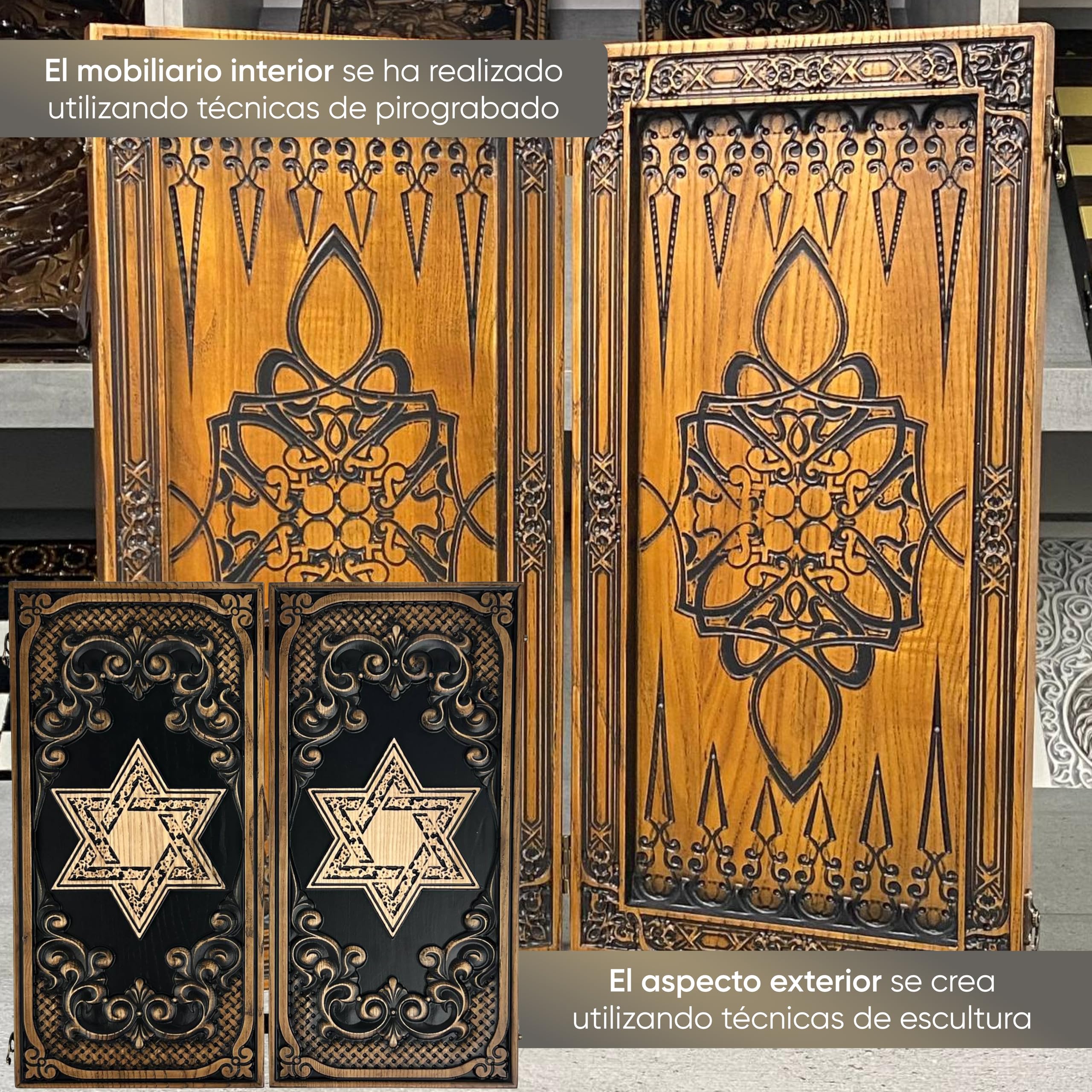 Backgammon de madera de fresno – Estrella de David grabado – 48 × 23 cm – Juego de fichas epoxi hecho a mano – Idea de regalo para los conocedores "Estrella de David" (2 diseños)