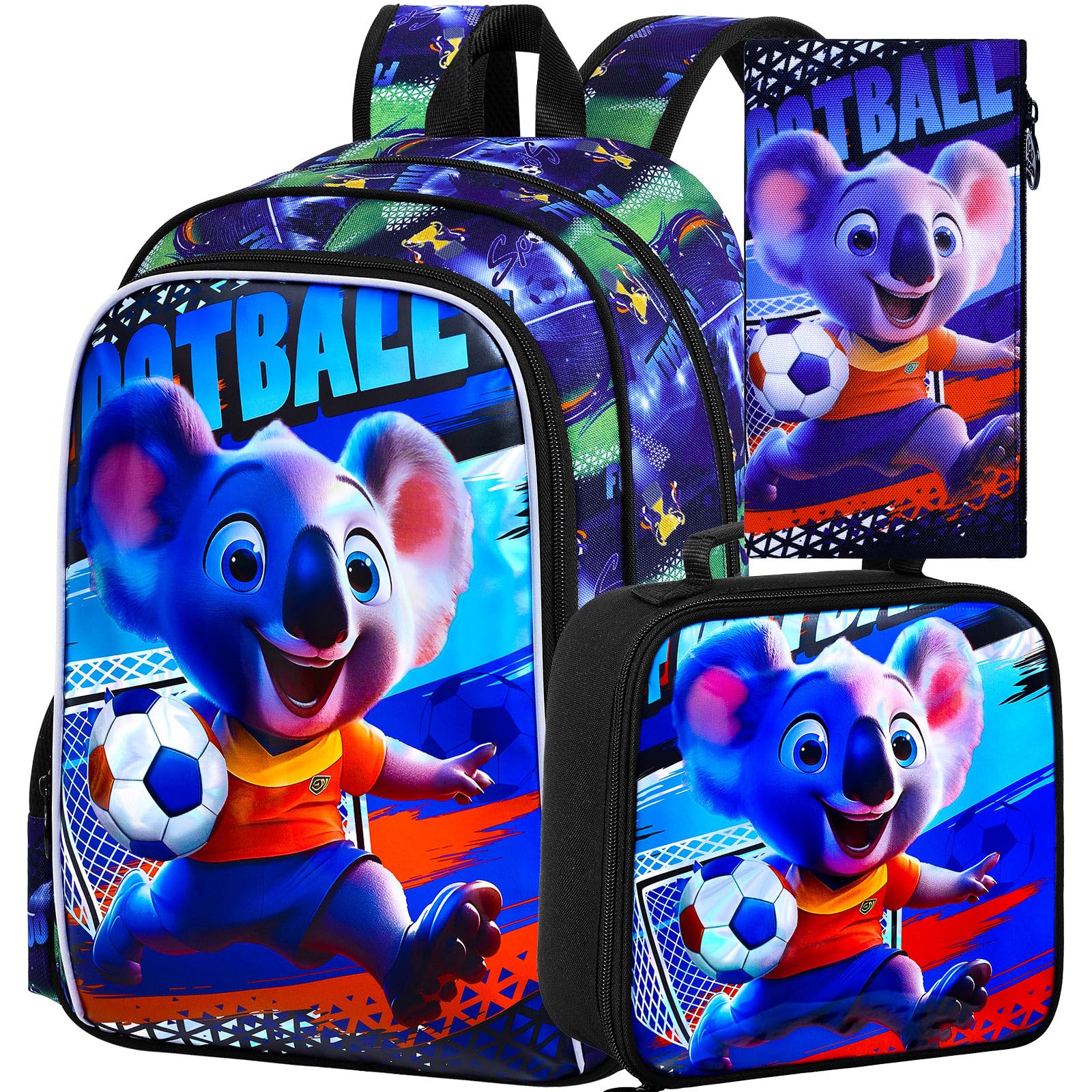 16" Koala Soccer Backpack Set for Boys 4-8, 3Pcs Preschool Bookbag with Football Lunch Box, Durable School Bag (Blue)
