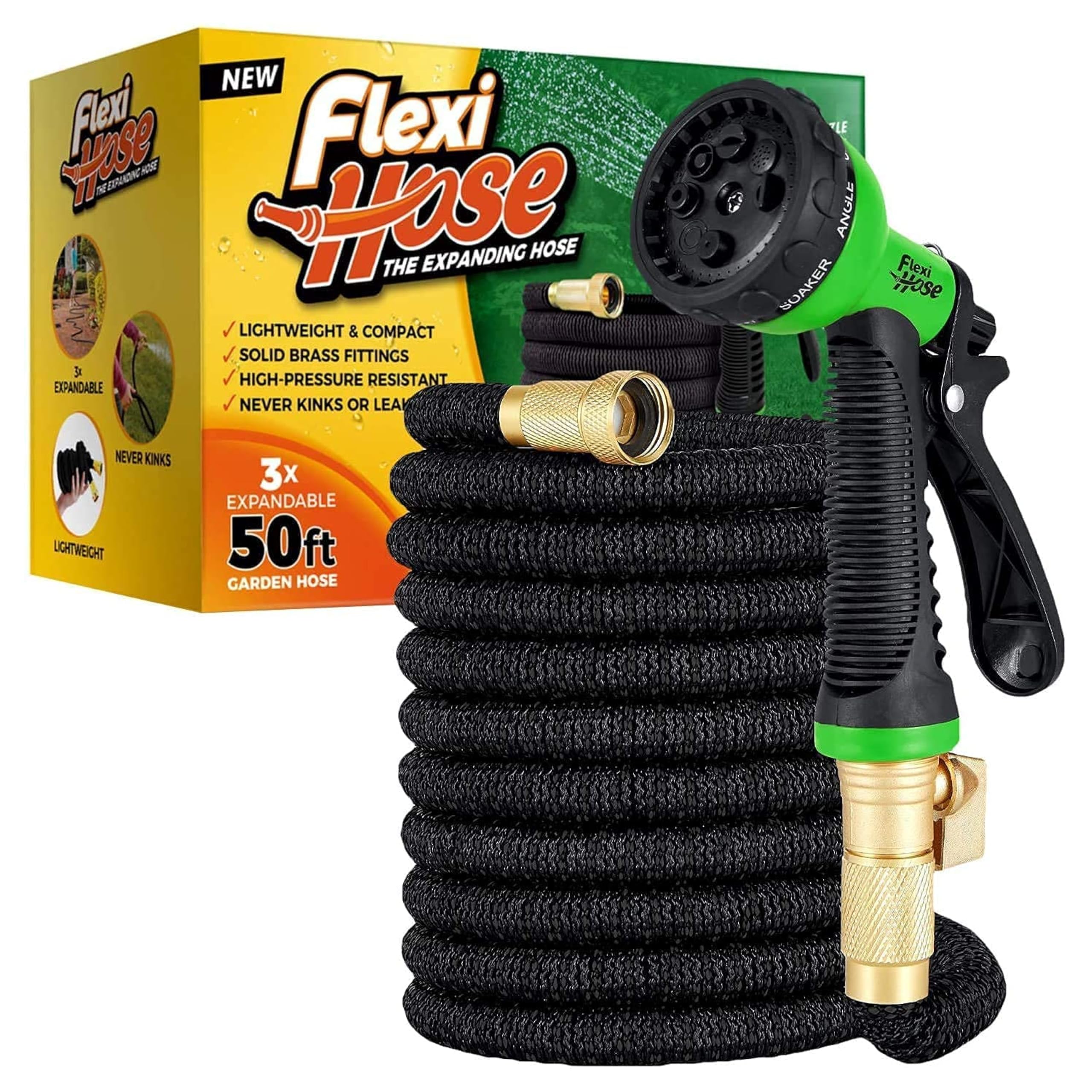 Flexi Hose Upgraded Expandable Garden Hose, Extra Strength, 3/4" Solid Brass Fittings - The Ultimate No-Kink Flexible Water Hose, 8 Function Spray Included (Black)