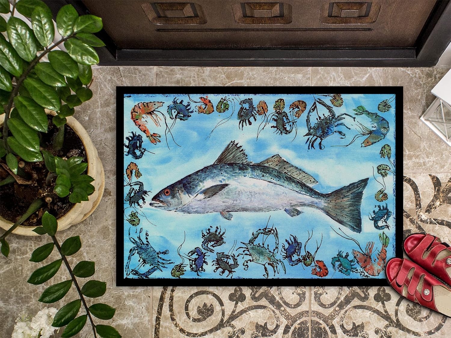 Caroline's Treasures 8086-JMAT Fish Speckled Trout Doormat 24x36 Front Door Mat Indoor Outdoor Rugs for Entryway, Non Slip Washable Low Pile, 24H X 36W