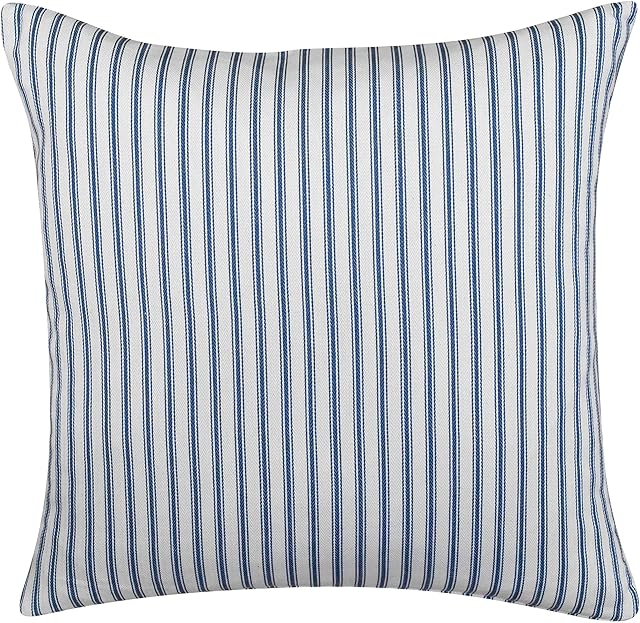 Linen Loft Nautical Cotton Ticking Stripe Cushion Cover. Seaside Inspired Navy Blue and Bright White Marine Stripe Design. 17x17inch Square Cushion Cover Only.