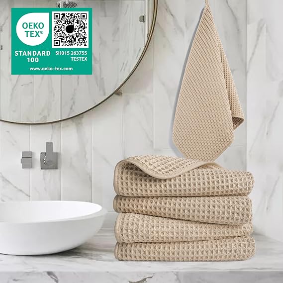 POLYTE Microfibre Lint Free Hand Towel, 40 x 76 cm, 4 Pack (Beige, Waffle Weave)