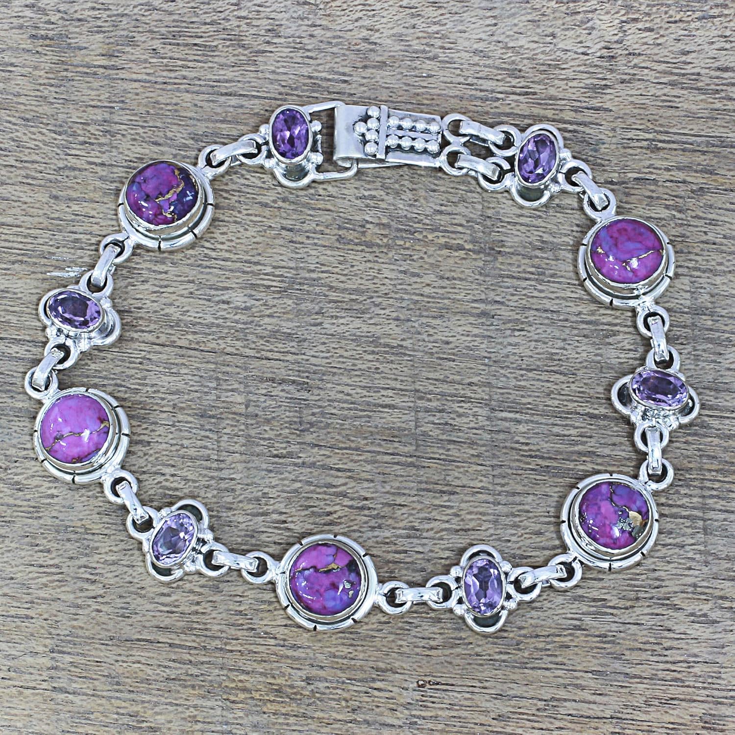 NOVICA Artisan Handmade Amethyst Link Bracelet Purple Composite Turquoise Sterling Silver Reconstituted India Birthstone [7.75 in L x 0.4 in W] ' Purple Delight'