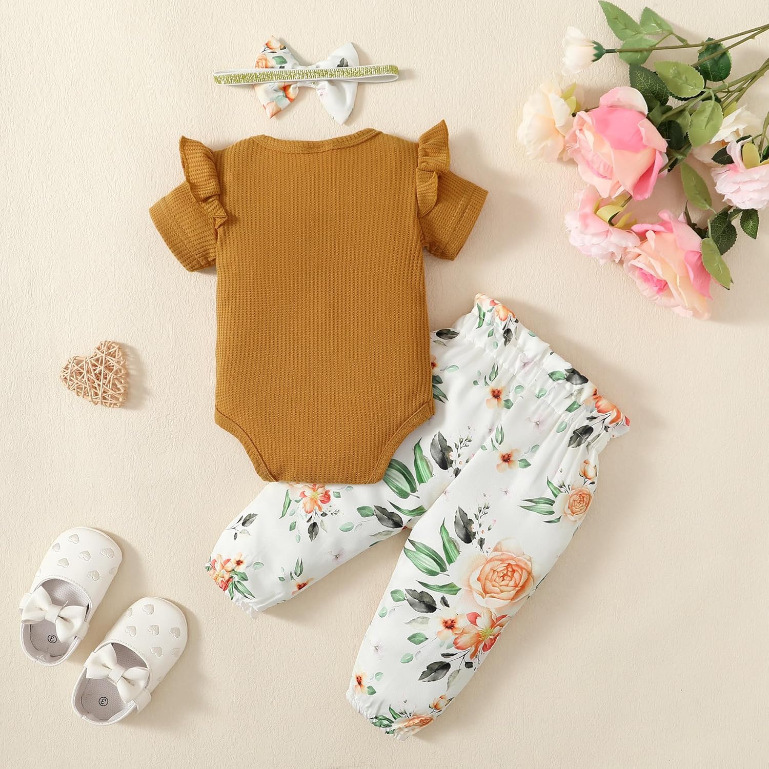 OLLUISNEO Baby Girl Clothes Newborn Infant Fall Outfit Romper Winter Floral Pant Set Headband 3 Pcs Clothes for Girl 0-3 Months Brown-shortsleeve image 3 of 7 B0DTHLK71R