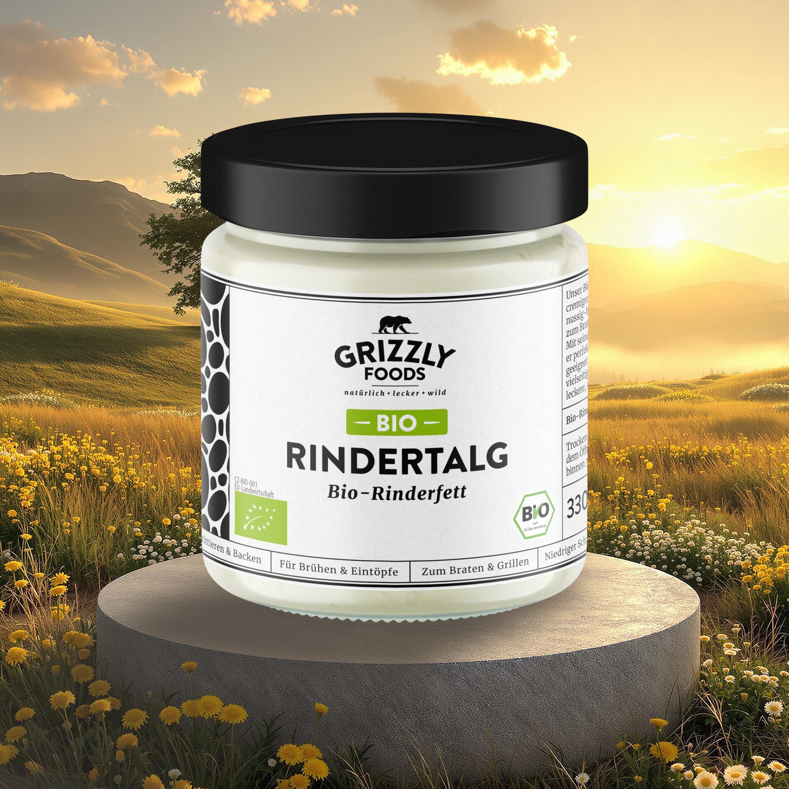 Grizzly Foods • BIO Rindertalg (1 x 330g) • Organic Beef Tallow • 100% natürlich • Hoher Rauchpunkt • Ohne Zusätze • Perfekt für Braten, Backen, Frittieren • Cremige Textur & buttrig-grasiges Aroma