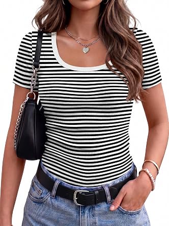 Zeagoo Womens Tops Short Sleeve Rib Knit Basic Tee Scoop Neck Fitted Shirt