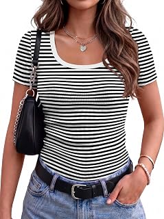 Zeagoo Womens Tops Short Sleeve Rib Knit Basic Tee Scoop Neck Fitted Shirt