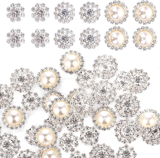 36 Pieces Rhinestone Buttons Crystal Embellishments Buttons Faux Pearl Buttons Flat Back Decorative Button for DIY Craft Jewelry Making Wedding Bouquet Jewelry Supplies