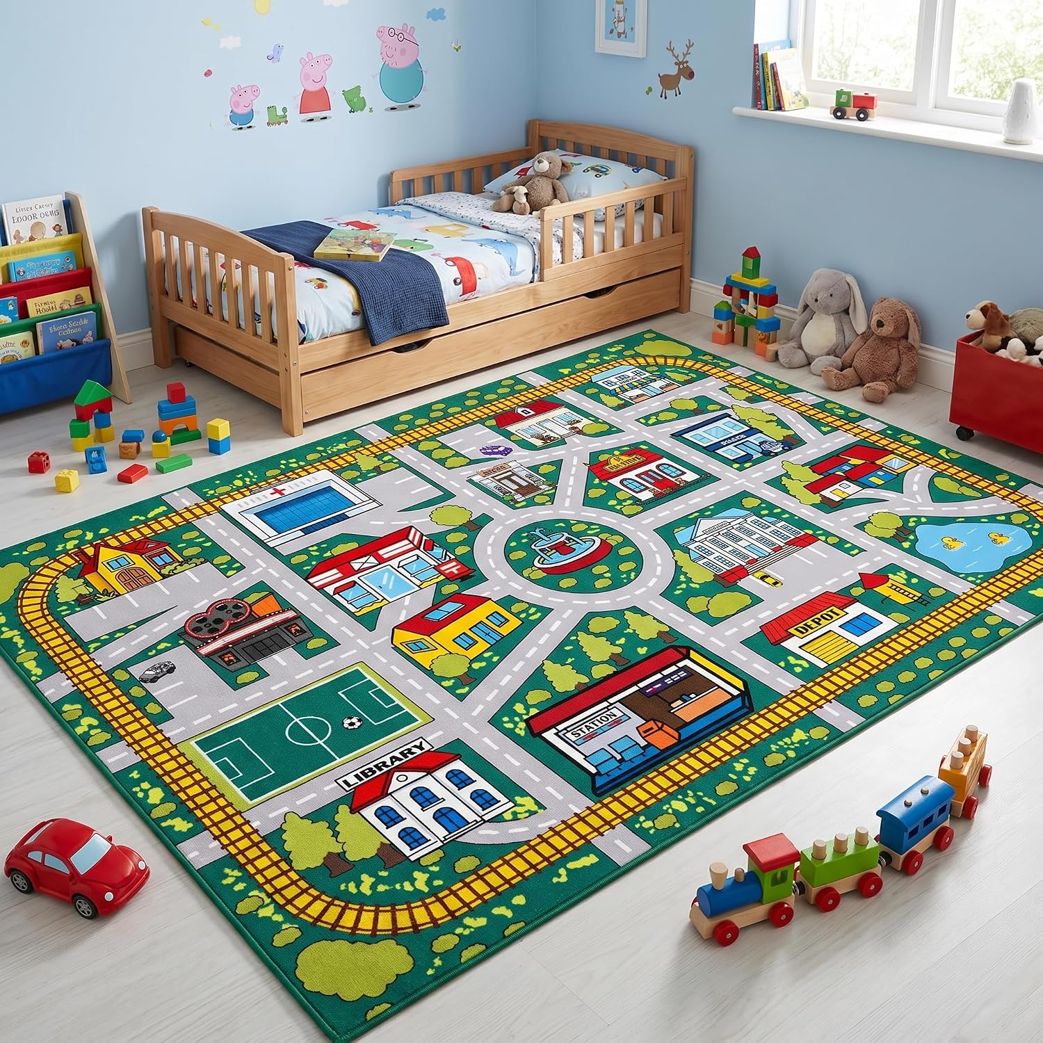 Car Rug Play Mat 4.5x6 Educational Town Road Carpet for Kids | Educational Town Map Carpet with Intricate Streets, Interactive Traffic Floor Rug for Playroom Decor