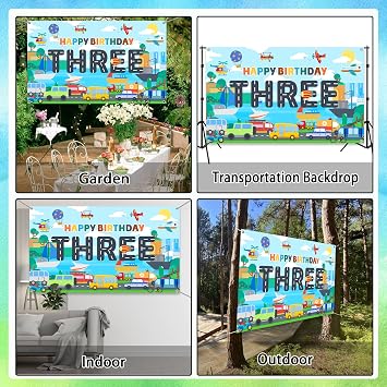 Transportation 3rd Birthday Banner Backdrop - Transport Themed Party Decoration and Car Party Supplies for Boys, Fun Vehicle Theme Fabric Backdrop 5.9x3.6ft for 3-Year-Old Birthday