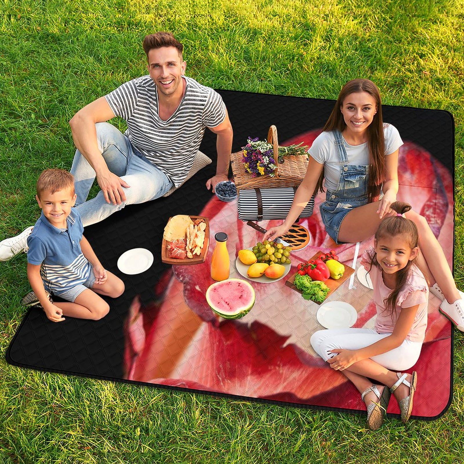 Couverture de pique-nique à motif rose rouge et blanc avec sangle de transport, tapis de sable pliable et imperméable pour camping, été, plage, tapis de 200 x 200 cm
