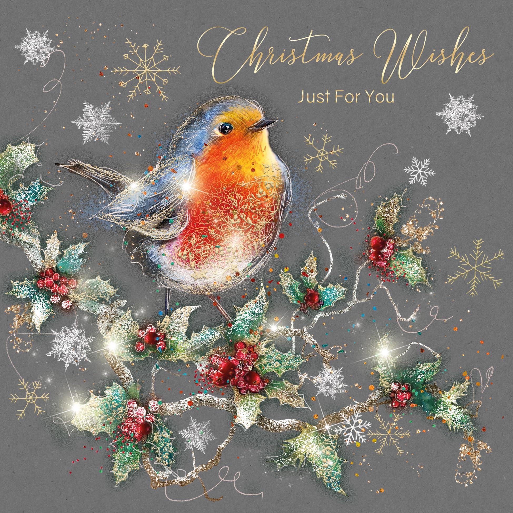 Cherry Orchard Open Christmas Card, Christmas Wishes Just for you. Beautiful little Robin Design, finished with gold foil, comes with Gold Envelope
