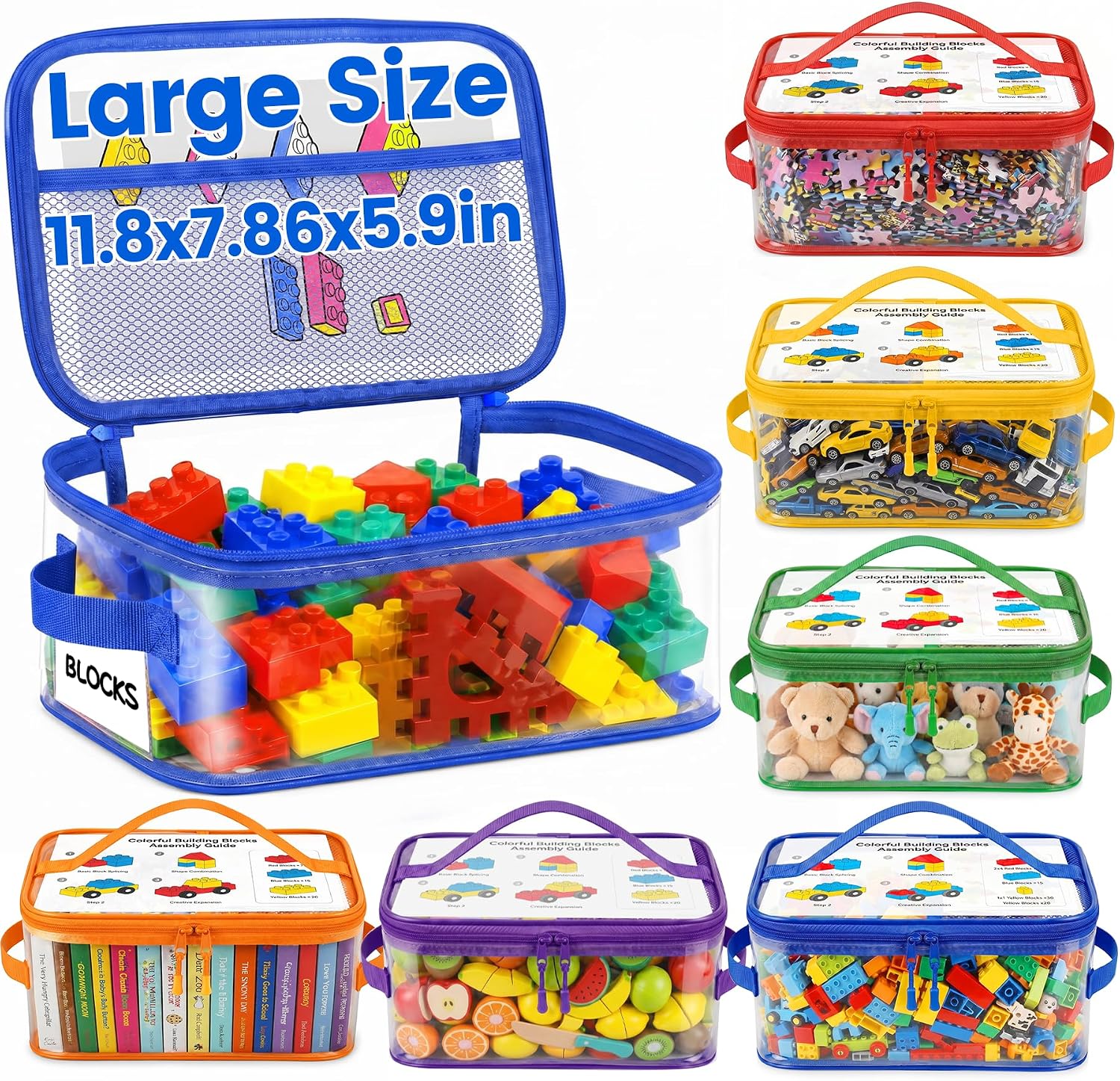 6-Pack Extra Large Clear Toy Storage Bags Transparent Waterproof With Zippers & Labels Durable Reusable Organizer for Blocks,Puzzles & Games