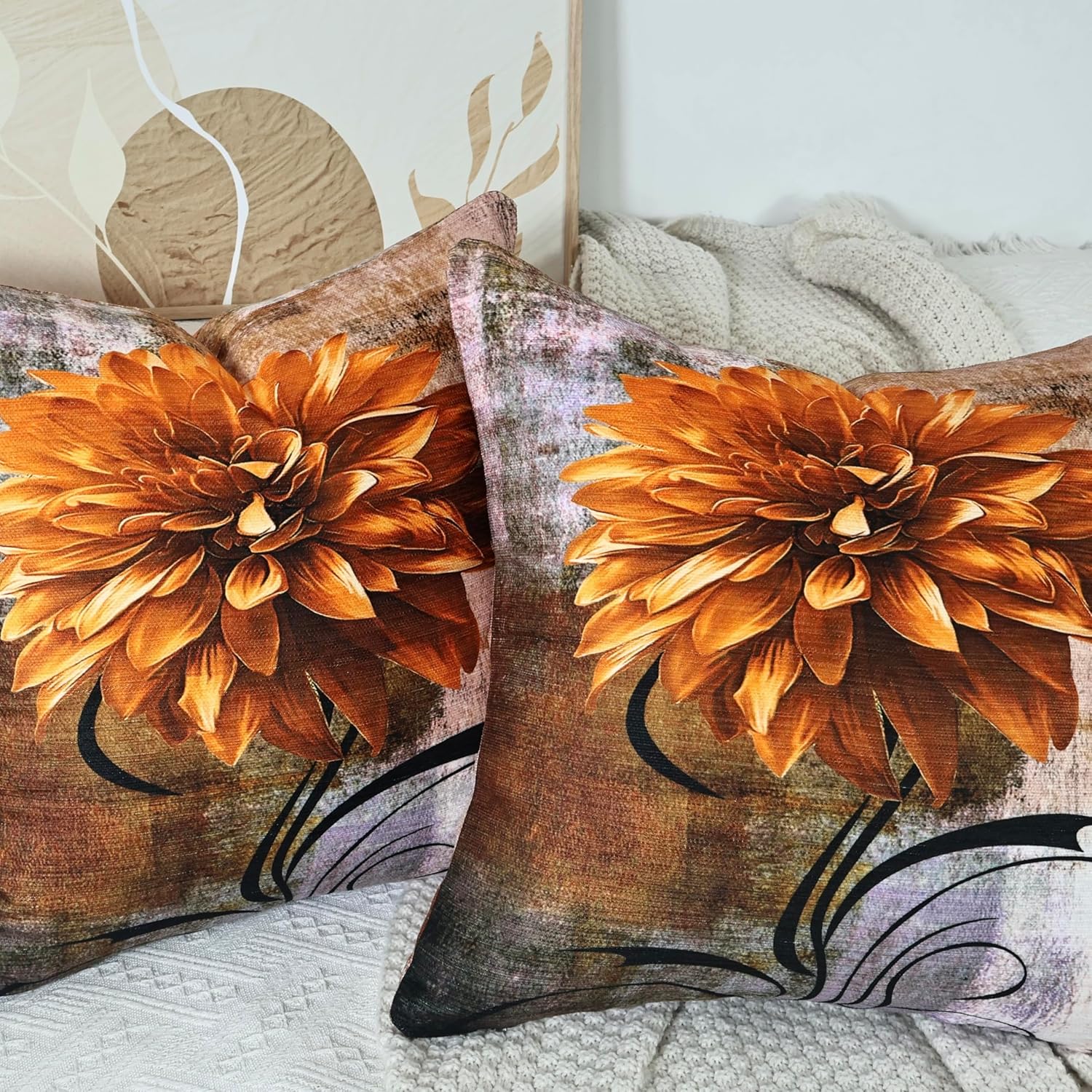 OYIMUA Soft Decorative Chenille Brown and Yellow Throw Pillow Covers 22x22 Set of 2 Vintage Abstract Flower Pillow Case for Couch Sofa Bedroom Living Room Home Decor Accent Pillows